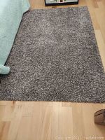 Full view of the rectangular shag rug placed on light wood flooring near a bed with light blue bedding.
