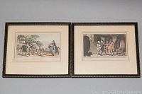 Two framed Rowlandson colored etchings side by side, showing overall look of lot