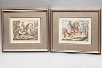 Two framed antique etching drawings side by side, showing each artwork and frames