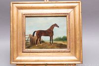Front view of framed horse painting showing full artwork and gold-tone wooden frame
