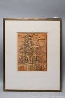 Framed abstract etching artwork showing detailed architectural-style patterns in brown and orange colors. Frame is wooden and shows visible wear.