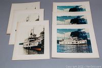 Overview of all six mounted photographs showing sets of three from two different steamer images, arranged in two rows on a flat surface.