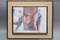 Full view of framed abstract oil on canvas painting showing composition and packaging.