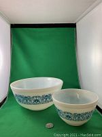 Photo showing both Pyrex Blue Horizon bowls sized comparatively with a coin for scale, placed on a green backdrop.