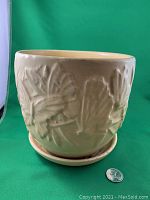 Side view of the McCoy Pottery planter showing the raised butterfly pattern and saucer with a coin for size reference.