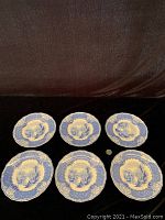 Six blue transferware plates arranged on a dark surface, showing the general lot and scale with a coin for size reference