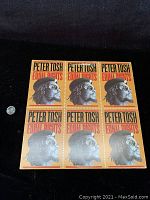Front cover of 'Equal Rights' LP by Peter Tosh showing six repeated profile images on an orange background with text.