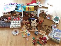 Overview of the Christmas decor including ornaments, figurines, plates, and puzzle pieces.