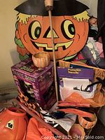 Photo of large pumpkin cutout, Halloween Boris figure box, pumpkin stencils, and pumpkin decor pieces