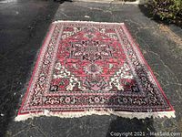 Full view of the rectangular area rug laid flat on black asphalt showing overall pattern and colors, with white tassel edges visible