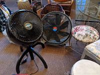 Two electric fans: a black Vornado fan with three-legged stand, and a silver Lake Wood Cool Operator fan with five blades and metal grille, situated on a carpeted floor.