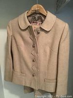 Full front view of camel hair jacket and skirt on hanger, showing button details and material color.