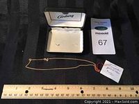Full chain laid next to ruler showing approx 14 inch length, with clasp, tag and Century box lid open