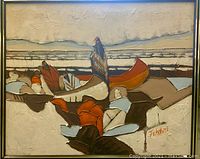 Full front view of the abstract painting showing composition, color palette, and frame