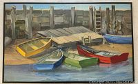 Framed oil painting showing five colorful rowboats (yellow, blue, green, red, blue) on sandy shore with wooden dock backdrop