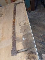 Full view of the large two-man lumberjack saw on a wooden surface, showing the entire blade and handle.
