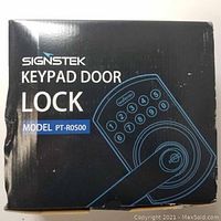 Box of Signstek keypad door lock model PT-R0S00 showing the product image and model number.
