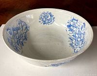 Image of the antique basin bowl showing blue floral patterns on the interior and overall shape.