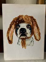 Full view of the giclee print showing the dog wearing a brow hat on a light background.