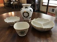 Photo shows all 4 pieces on wooden table: 3 Lenox porcelain items and 1 Waterford crystal vase, highlighting overall set composition.
