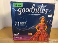 Box of Goodnites nighttime underwear with branding and quantity label