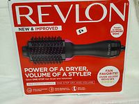Box of Revlon Salon One Step Hair Dryer and Volumizer showing front with product image and branding.