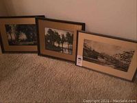 Three framed landscape prints leaning against a wall, showing the set in full view.