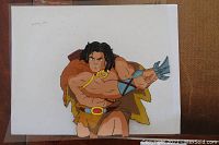 Full view of first Conan animation cel depicting Conan in attacking pose with clenched fist and arm guard