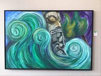 Full view of oil painting by Maryanne Wettlaufer showing swirling waves and Haida Gwaii scene in mahogany-coloured frame