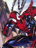 Close-up of Spider Man swinging on web with city buildings in background, showing detail of the wall art print and colors.