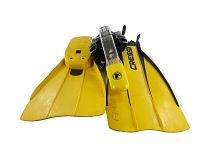 Yellow full face snorkel mask with clear front, breathing tube, and adjustable black straps.