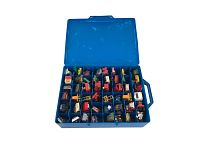 Open blue plastic case showing 48 compartments each containing a toy vehicle, various colors and models visible, some with noticeable wear.