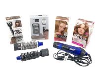 Lot items arranged showing the boxed hair colour products, face mask box and Conair hot air brush with two brush heads.