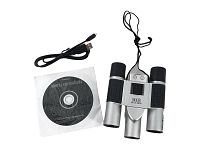 Vivitar digital camera binoculars along with USB cable and photo imaging software CD laid out for display.