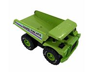 Left front angle view of vintage green Nylint jumbo dump truck sound machine toy showing large bed and side decal.