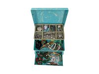 Open turquoise marbled Bakelite jewelry box showing three drawers filled with mixed costume jewelry pieces including chains, beads, pins, and bracelets.