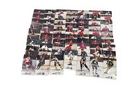 Group photo of 69 vintage NHL hockey cards laid out showing variety of players in action and posed shots, with team logos and autographs printed on cards.
