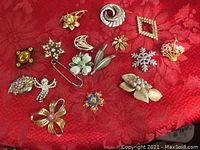 Collection of 14 vintage brooches displayed on red fabric with various floral, geometric, and ornamental designs