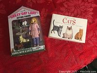 Original packaging of Crazy Cat Lady action figure with 6 cats and The Little Book of Cats hardcover book on a red textured surface.