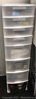 White plastic storage organizer with six drawers visible, bottom drawer missing as noted by seller.