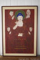 Full front view of framed silk painting on white beadboard background.