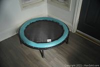 Front angle of the trampoline showing padded edge and black jumping surface.