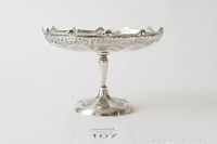 Side view of silver-plated serving dish on pedestal