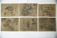 Top view of all six Korean traditional pastoral paintings on rice paper laid flat, showing the rustic and aged condition with visible water damage and vibrant paint work.