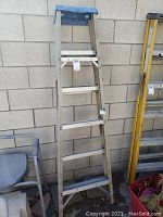 Full view of weathered aluminum ladder against a block wall, showing overall condition and blue top cap.