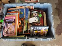 Top view of container filled with assorted books including children's and teen literature such as 'A Wrinkle in Time' and 'Matilda'.