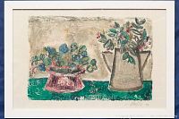 Framed monoprint showing two plant vessels on a green surface in white wood frame