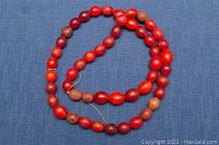 Full view of the necklace laid out showing the red glass beads of varying shape and finish on a blue fabric background.