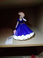 Front view of Royal Doulton Mary HN3375 blue dress porcelain figurine holding pink umbrella.
