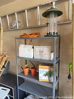Aluminum 11-step ladder mounted on garage wall above shelving unit with various items including vacuum cleaner box and plant pots.